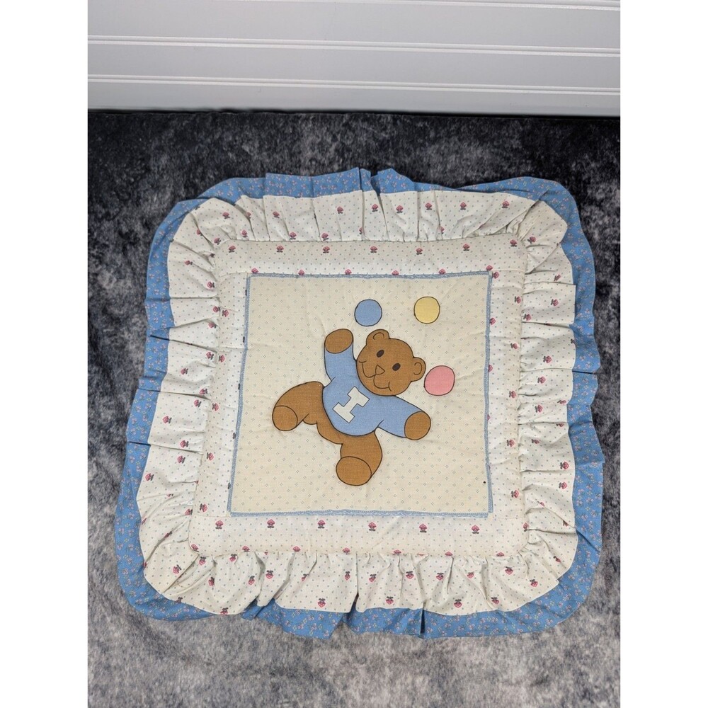 Vtg Hand Quilted Juggling Bear 12"Pillow Case Cottagecore Grannycore Shabychic